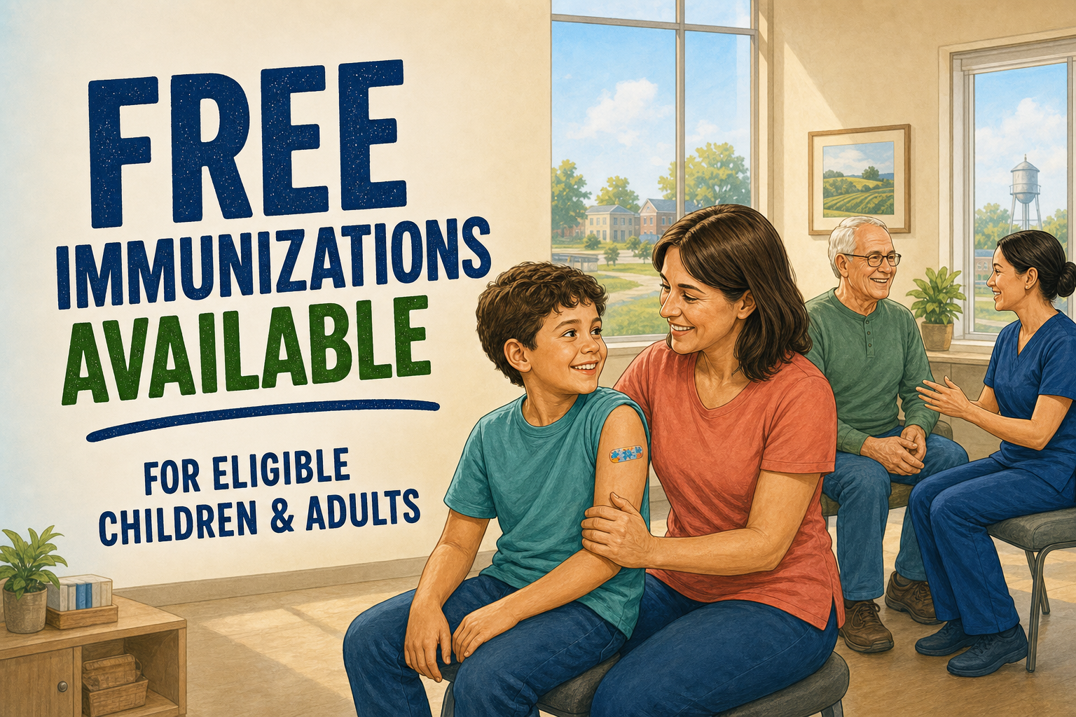 A smiling child and parent after immunization while an older adult speaks with a public health nurse